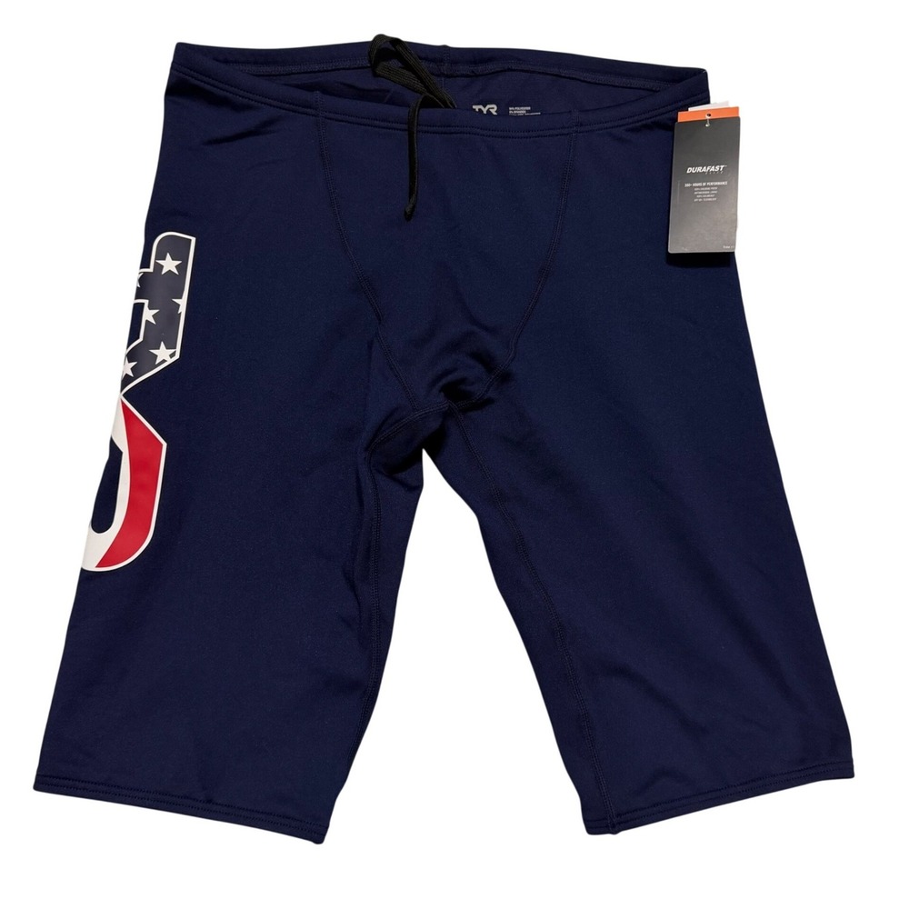 TYR Jammer USA Swim Trunks Mens Size 36 Large Navy Blue Stars Stripes Durafast